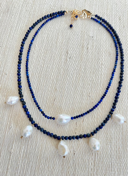 Horizontal Pearl & Lapis Necklace