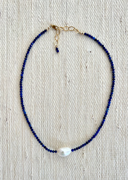 Horizontal Pearl & Lapis Necklace