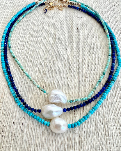 Horizontal Pearl & Lapis Necklace